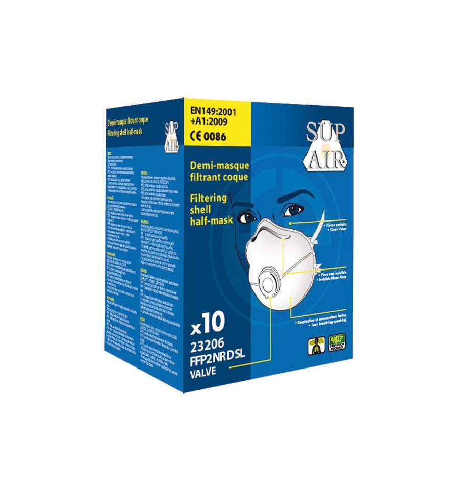 Masques de protection respiratoire coque usage unique avec valve soupape  FFP2 NR SL - Boite de 10 - SUPAIR - 23206